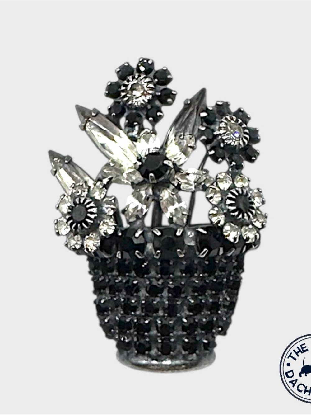Vintage Dorothy Bauer Black and Clear Swarovski Crystal Flower Basket Brooch